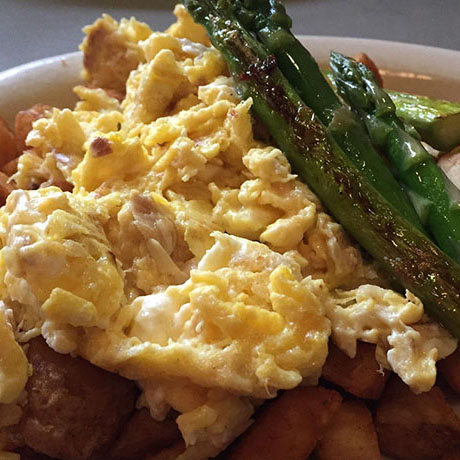 scramble with trout and asparagus